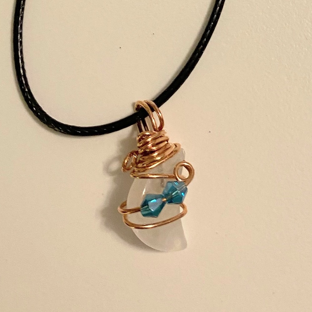 Copper and Blue Wire-Wrapped Crescent Moon Quartz Pendant Necklace